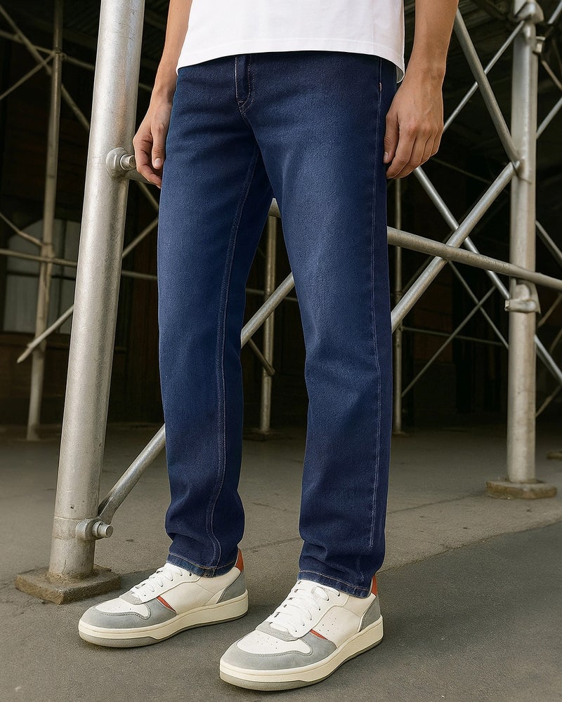 bewakoof Men's Blue Washed Slim Straight Fit Stretchable Mid-Rise Jeans - Image 1
